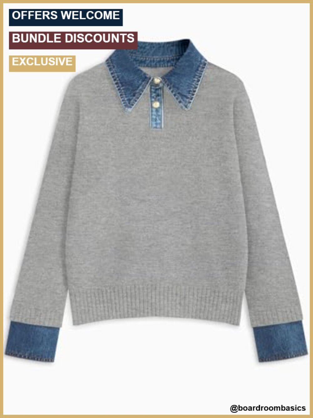 Oversized Knit Sweater Denim Polo Collared Button Up Pullover